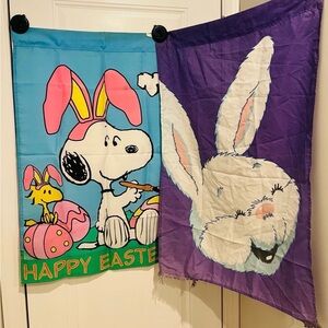 Vintage Easter Flags Lot of 2 Snoopy & Woodstock Coloring Eggs & Bunny Rabbit